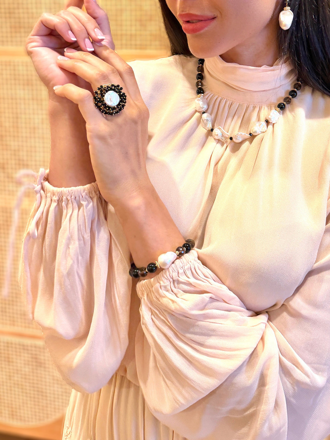 Black Obsidian And Smoky Quartz With Baroque Pearl Bracelet SB024