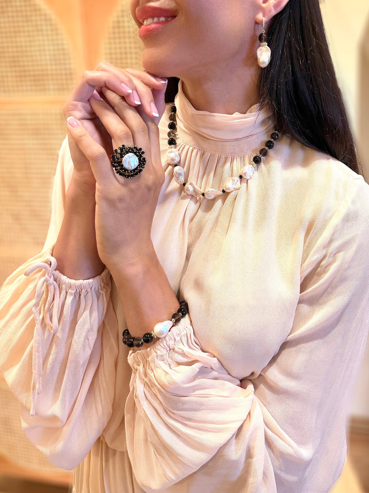Black Obsidian And Smoky Quartz With Baroque Pearl Bracelet SB024