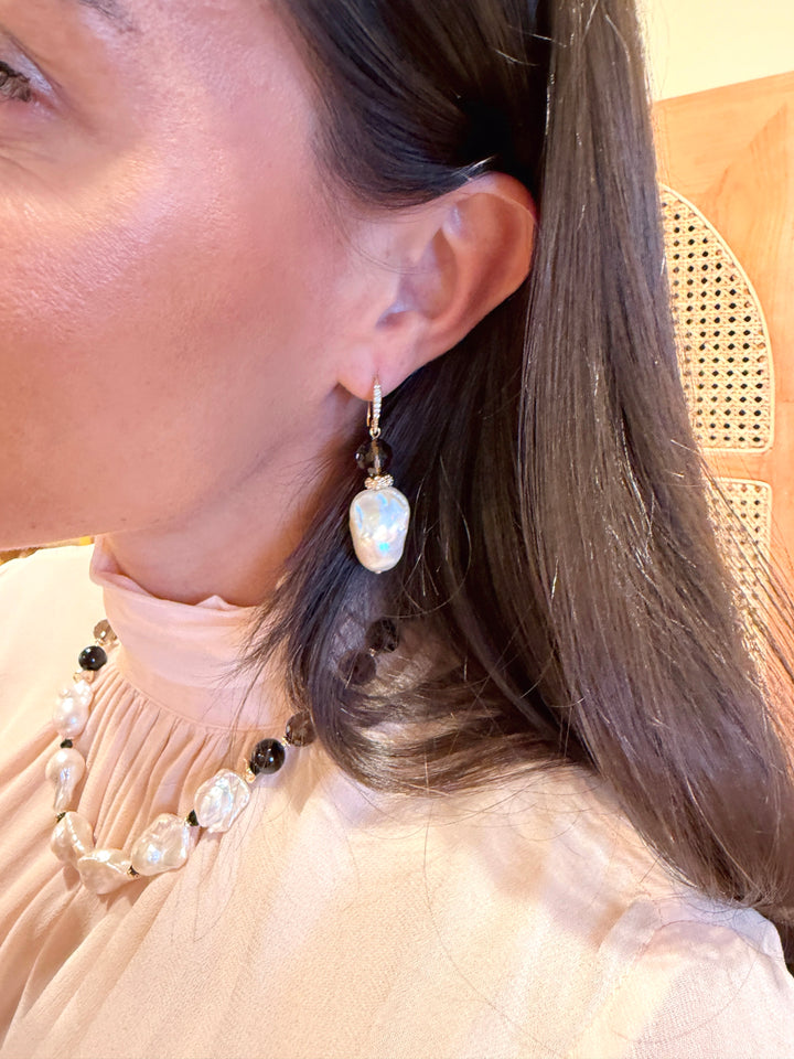 Classic Style Baroque Pearl With Smoky Quartz Dangle Earrings SE026