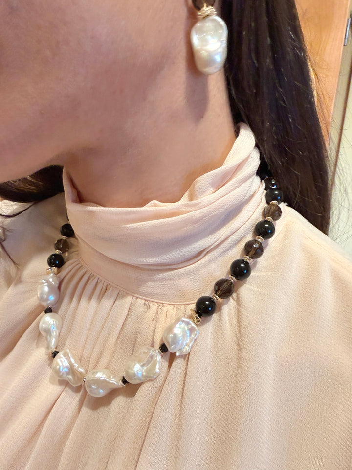 Black Quartz And Obsidian With Baroque Pearl Statement Necklace SN046