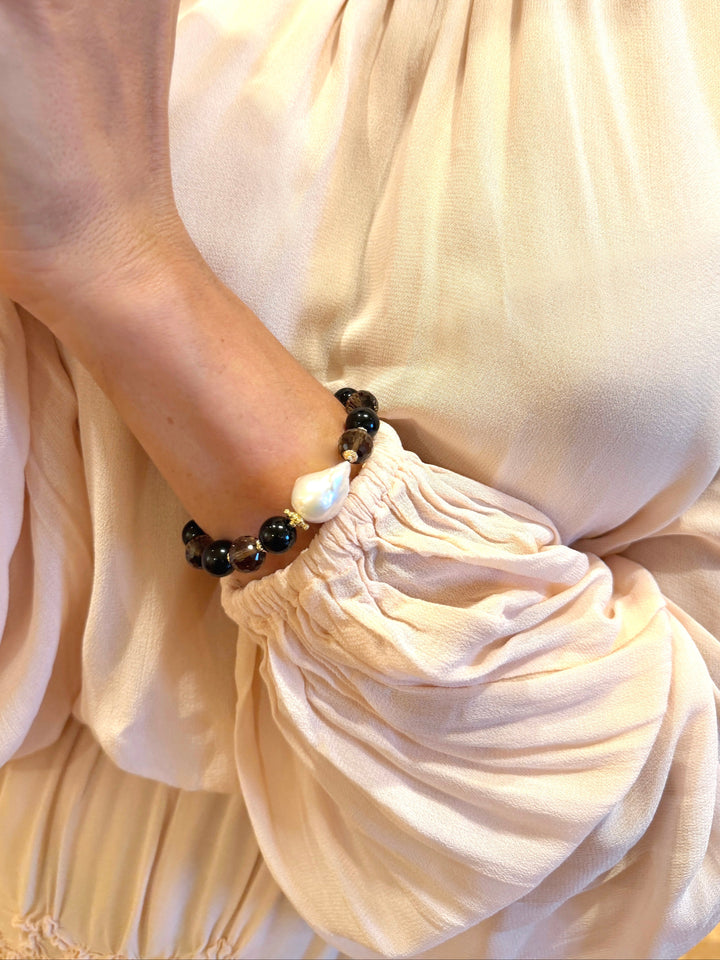 Black Obsidian And Smoky Quartz With Baroque Pearl Bracelet SB024