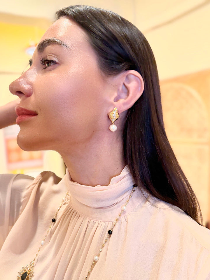 White Freshwater Pearl Dangle Gold Stud Earrings SE024