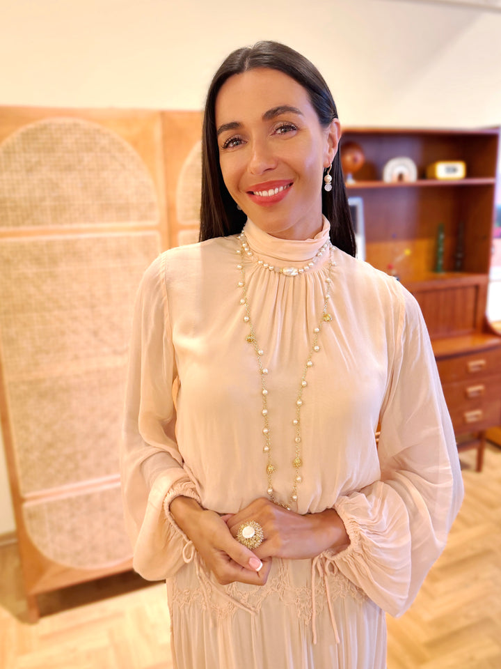 Romantic Style Freshwater Pearl With Flower Charms Long Necklace SN043