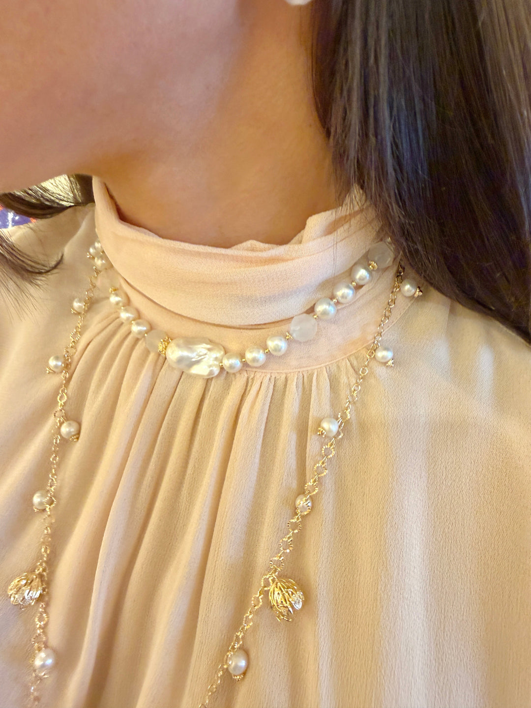 Freshwater Pearl With White Agate And Baroque Pearl Choker Necklace SN044