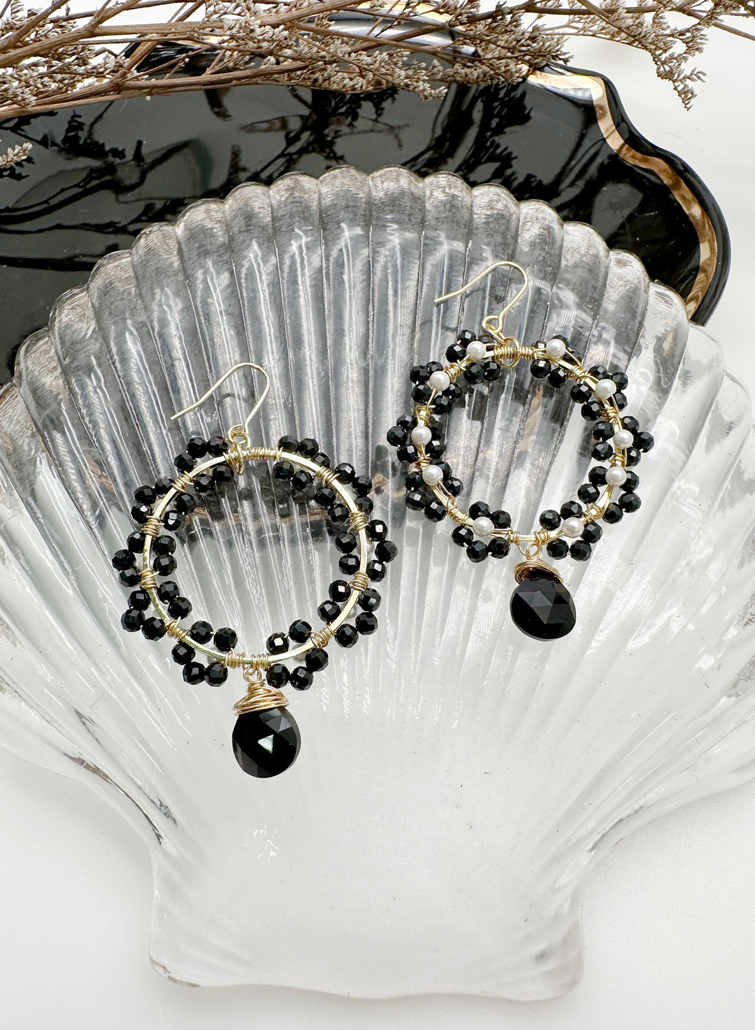 Black Obsidian Handcrafted Flower Earrings KE033 - FARRA