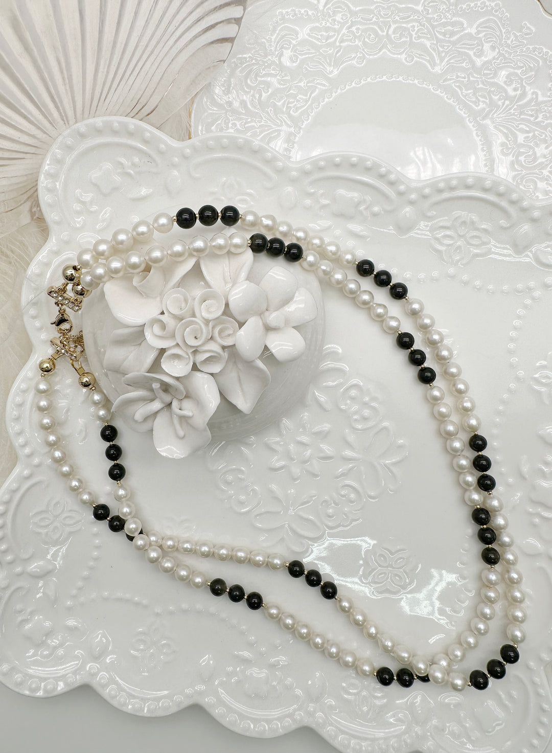 Freshwater Pearls with Black Obsidian Double Layers Necklace KN055 - FARRA