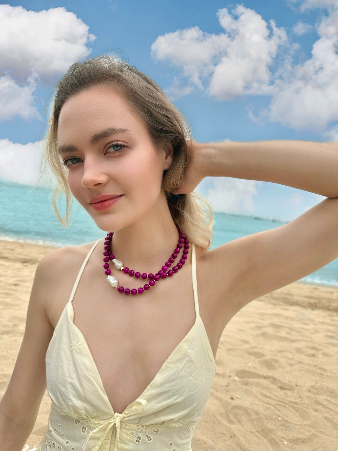 Magenta Gemstones With Baroque Pearls Double Layers Necklace LN014