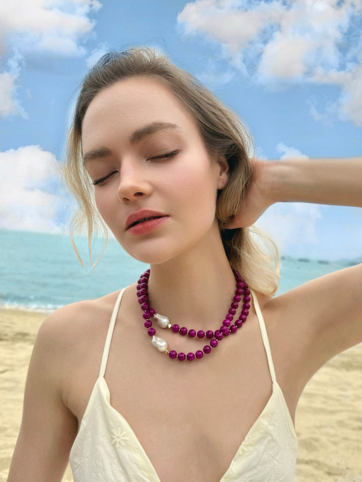 Magenta Gemstones With Baroque Pearls Double Layers Necklace LN014