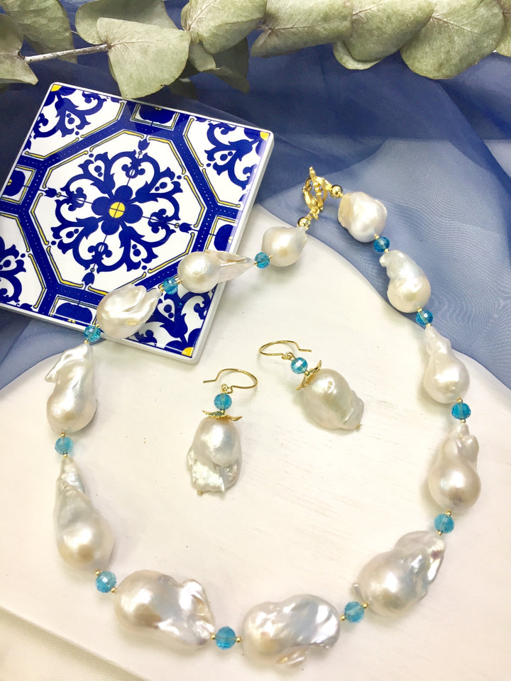 Baroque Pearls with Blue Crystals Necklace DN224 - FARRA