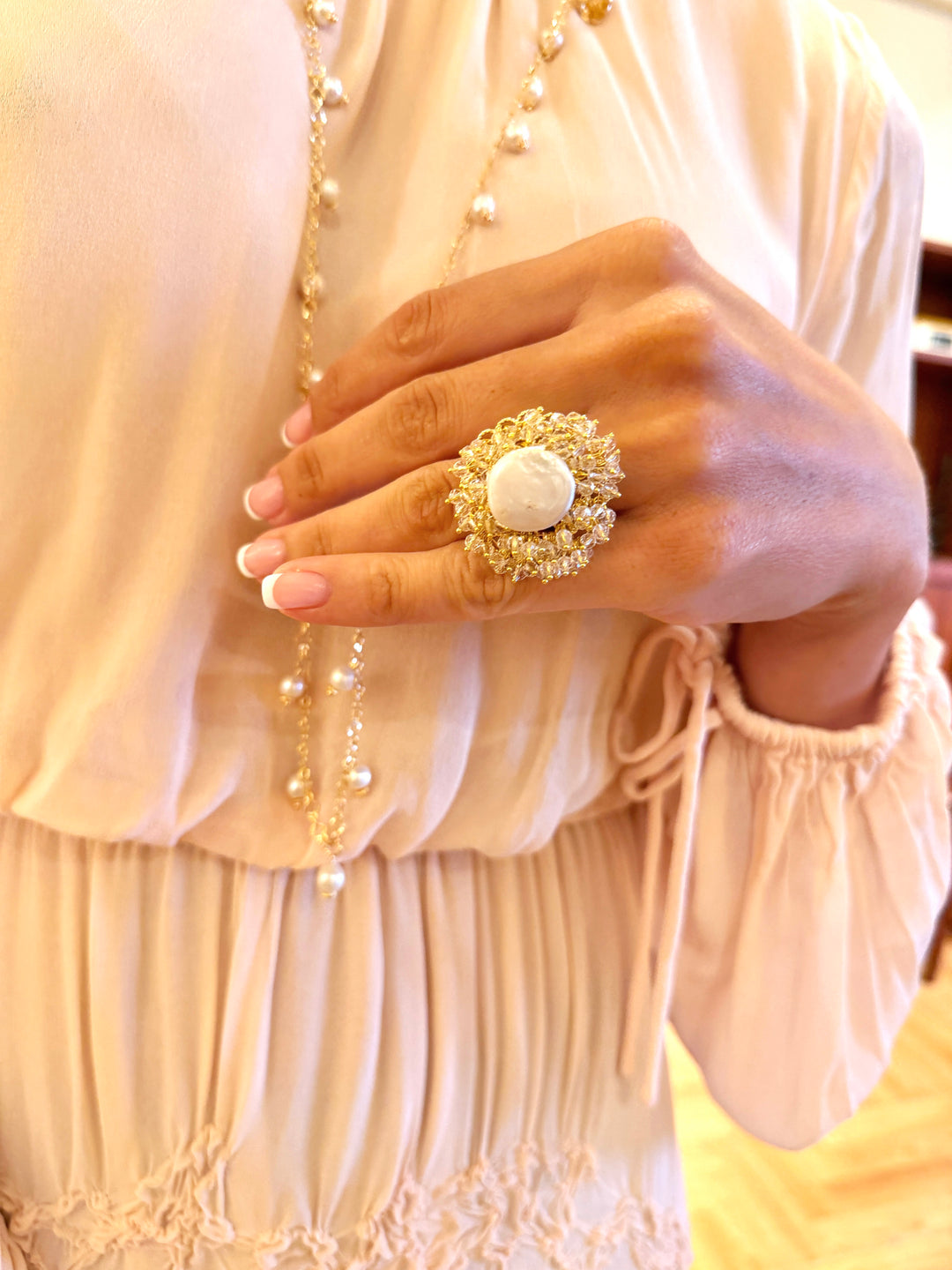 Romantic Style Floral Freshwater Pearl With Crystal Cocktail Ring SR009