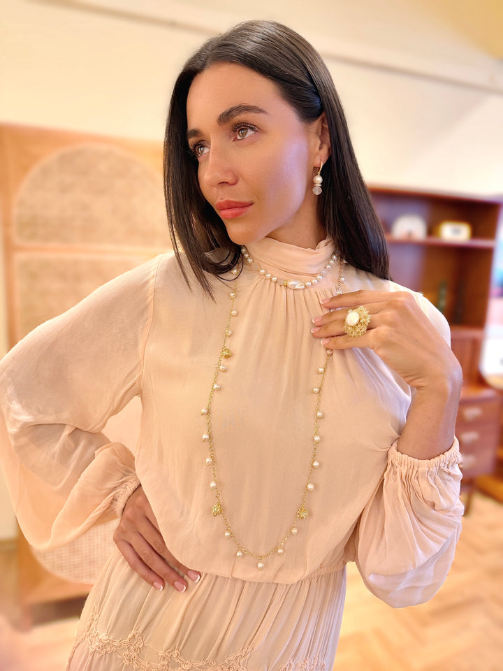 Romantic Style Freshwater Pearl With Flower Charms Long Necklace SN043