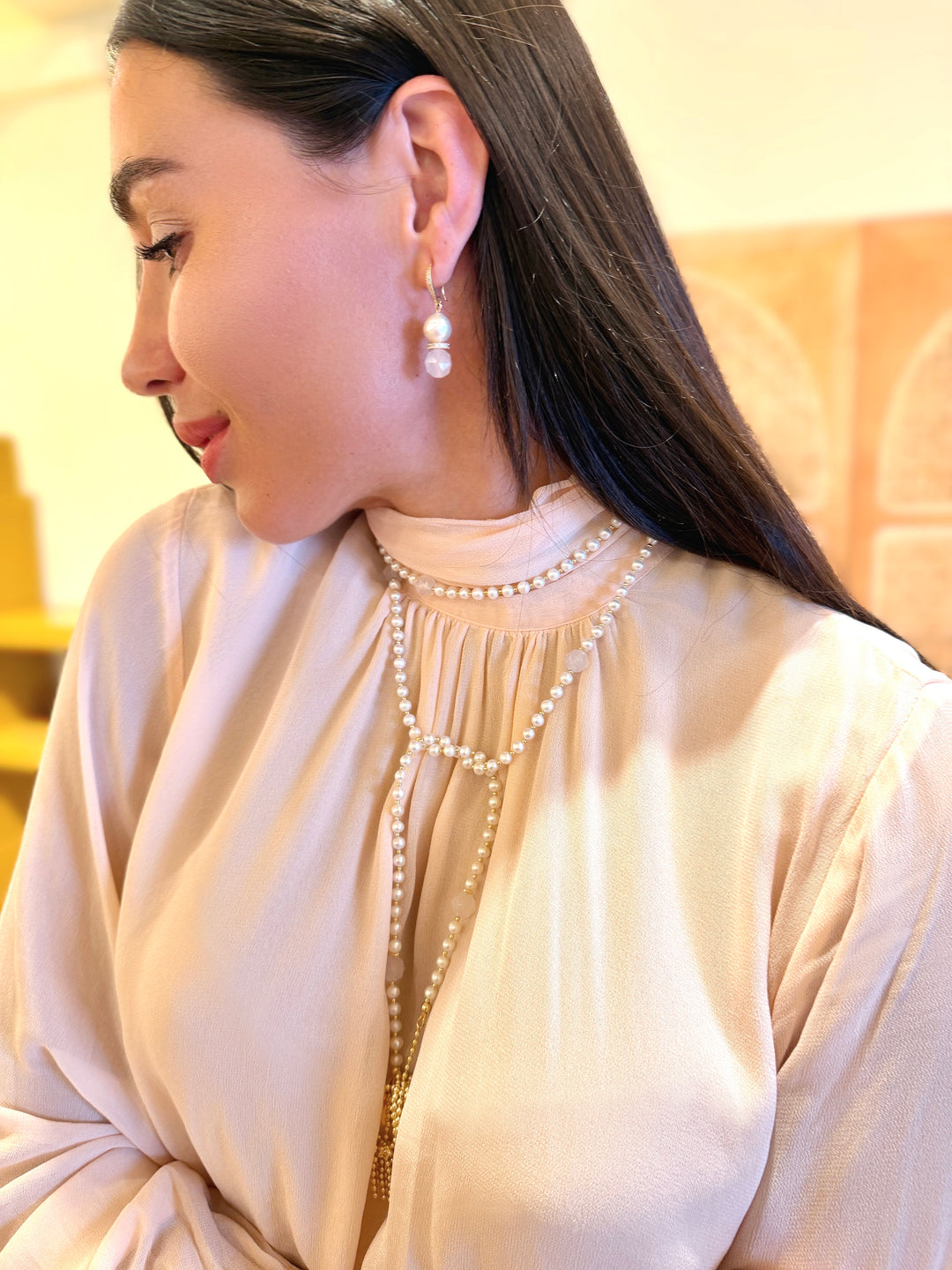 Freshwater Pearl And White Agate With Tassel Open End Long Necklace SN045