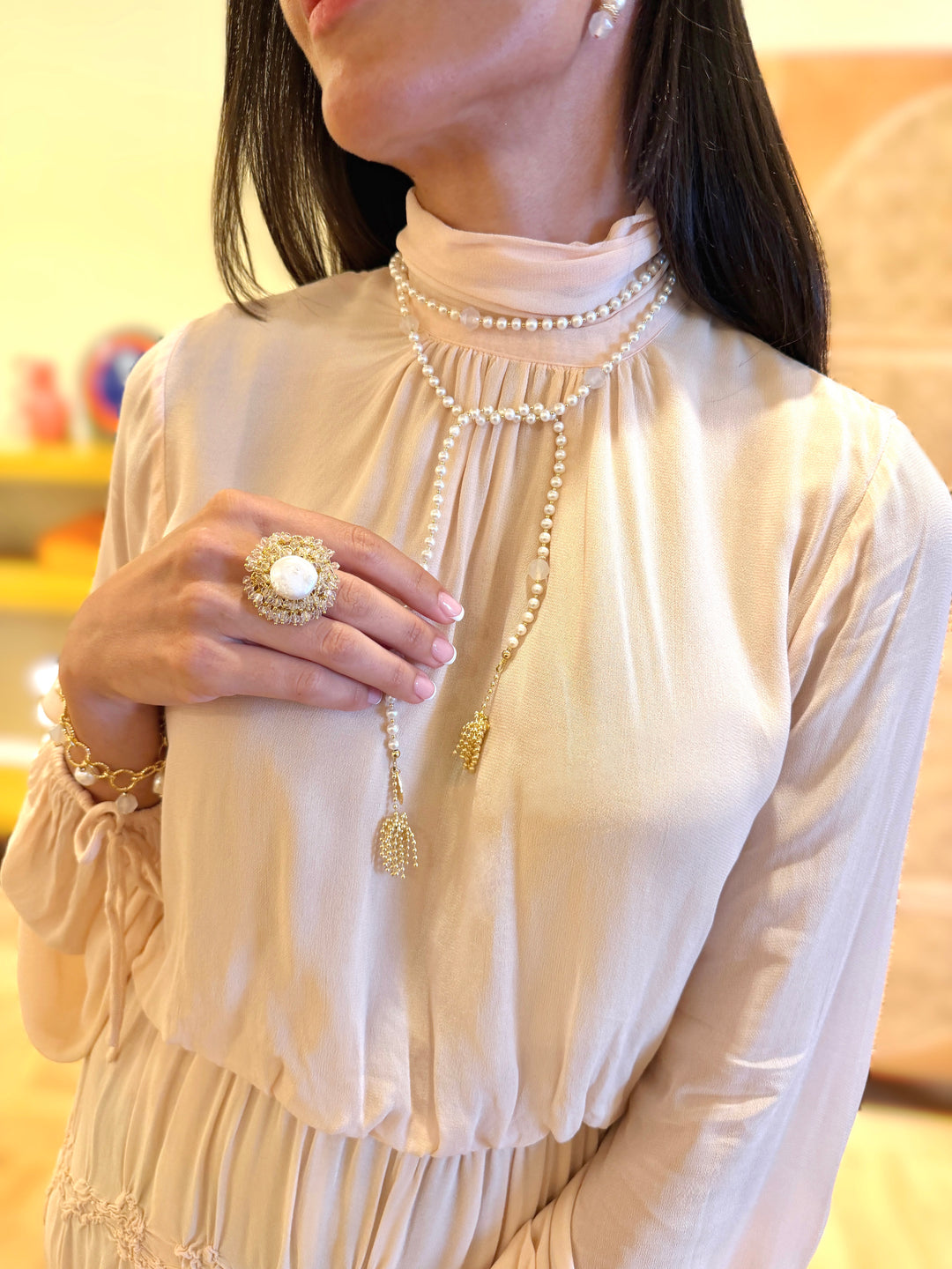 Freshwater Pearl And White Agate With Tassel Open End Long Necklace SN045