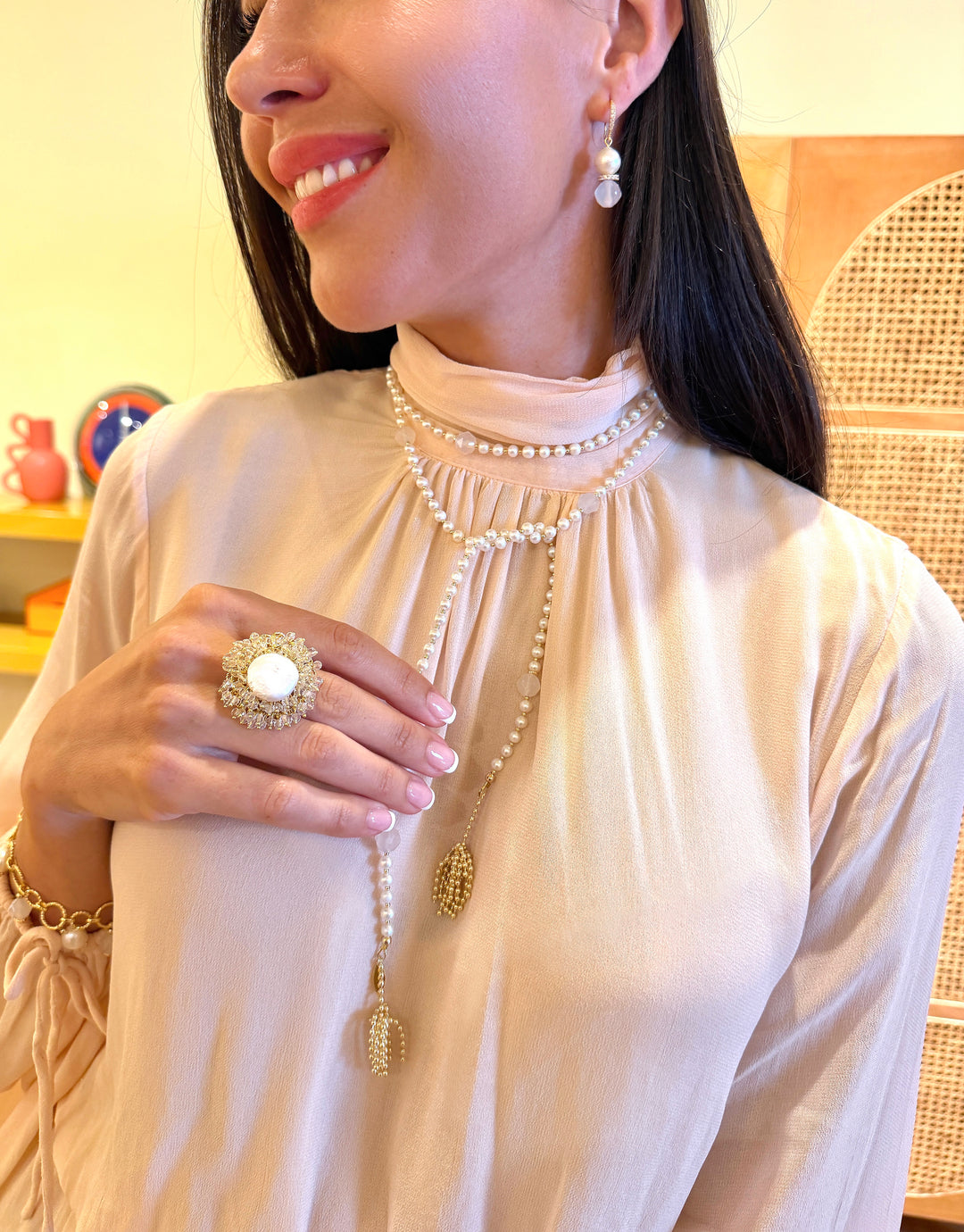 Romantic Style Floral Freshwater Pearl With Crystal Cocktail Ring SR009