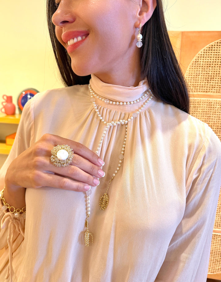 Romantic Style Floral Freshwater Pearl With Crystal Cocktail Ring SR009