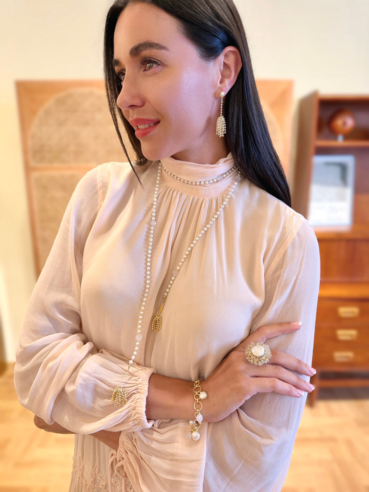 Freshwater Pearl And White Agate Charms Chain Bracelet SB022