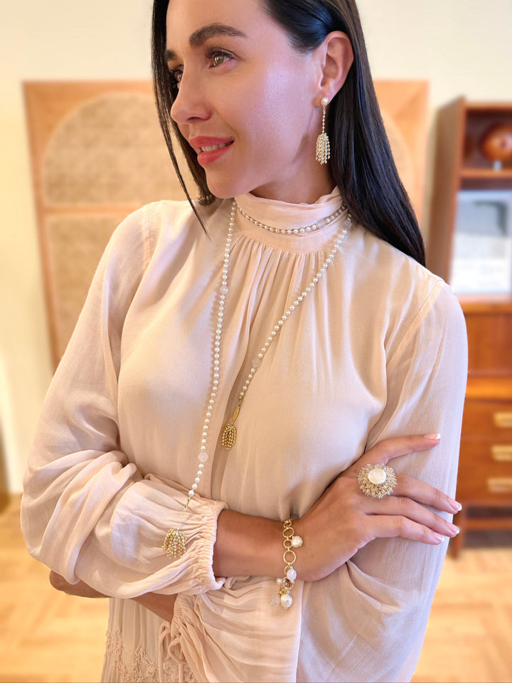 Freshwater Pearl And White Agate With Tassel Open End Long Necklace SN045