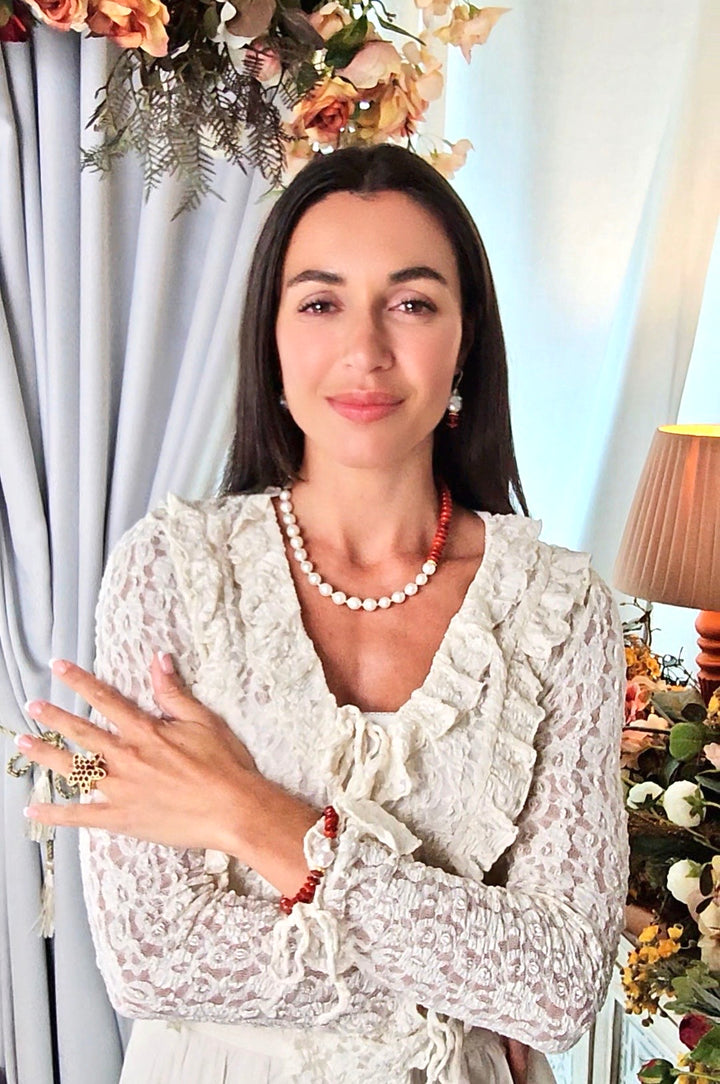 Red Bamboo Coral With Freshwater Pearls Necklace QN034