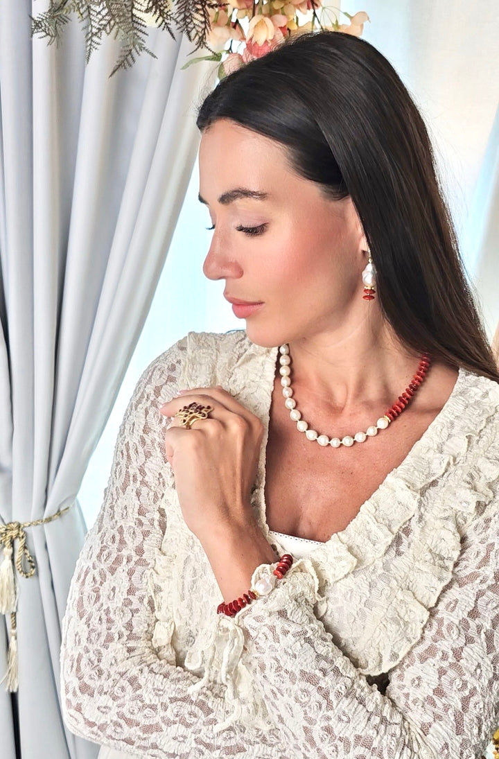 Red Bamboo Coral With Freshwater Pearls Necklace QN034