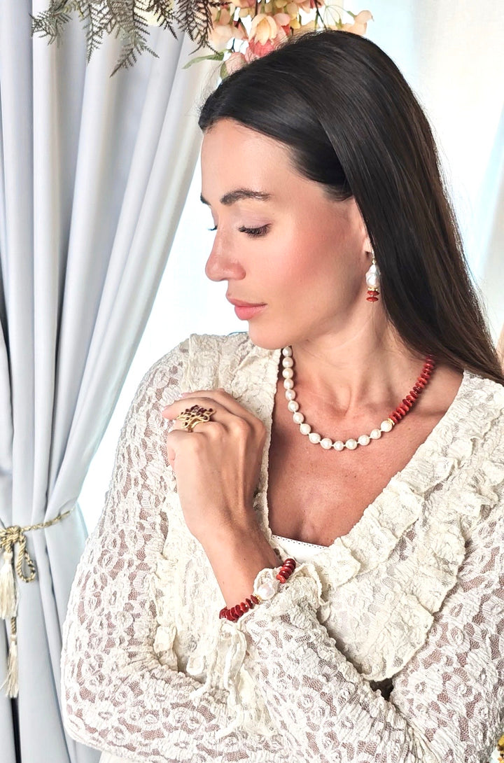 Red Bamboo Coral With Freshwater Pearls Necklace QN034