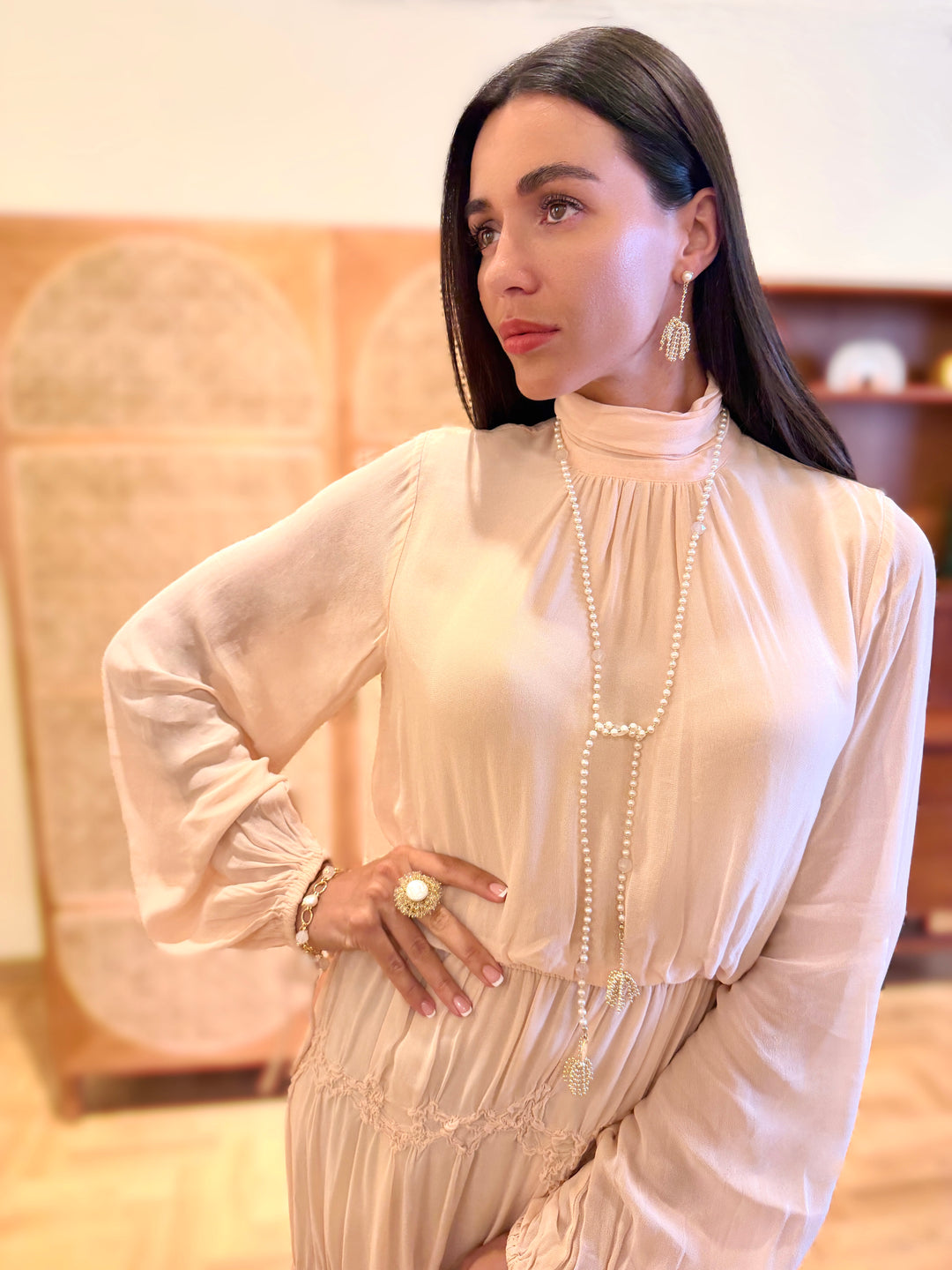 Freshwater Pearl And White Agate With Tassel Open End Long Necklace SN045
