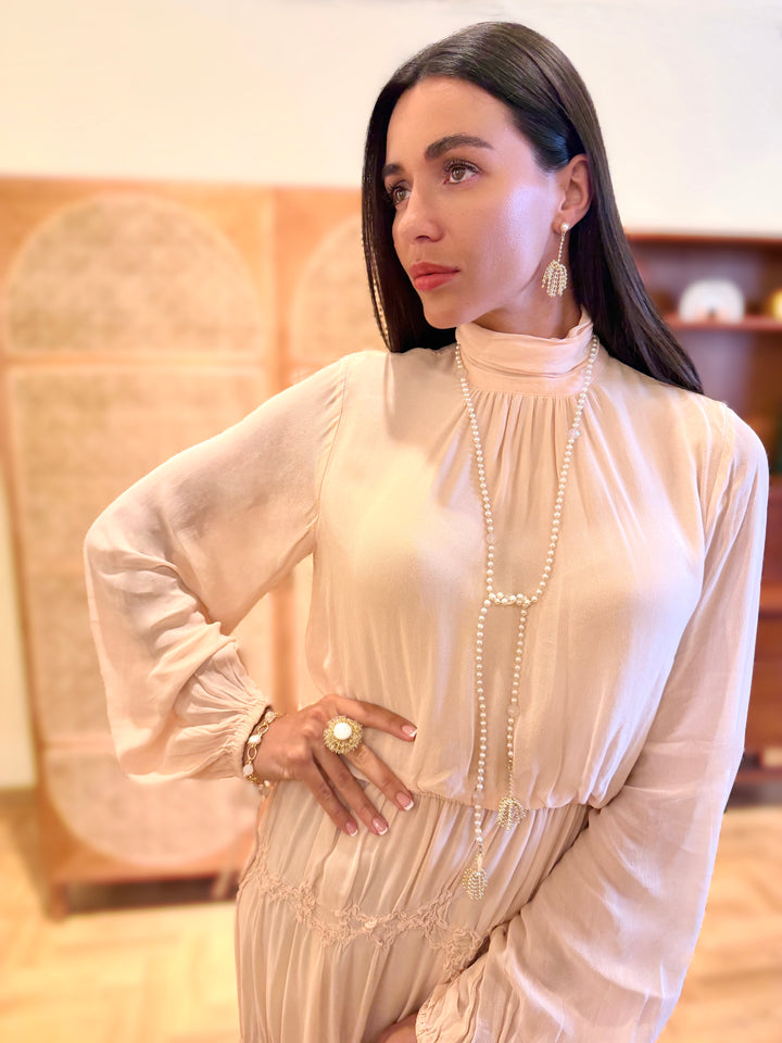 Freshwater Pearl And White Agate With Tassel Open End Long Necklace SN045