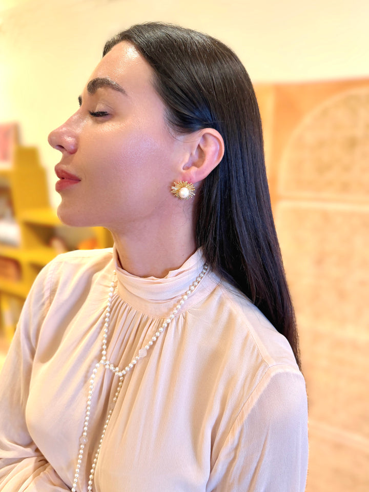 Gold-Tone Freshwater Pearl Sunburst Statement Stud Earrings SE025