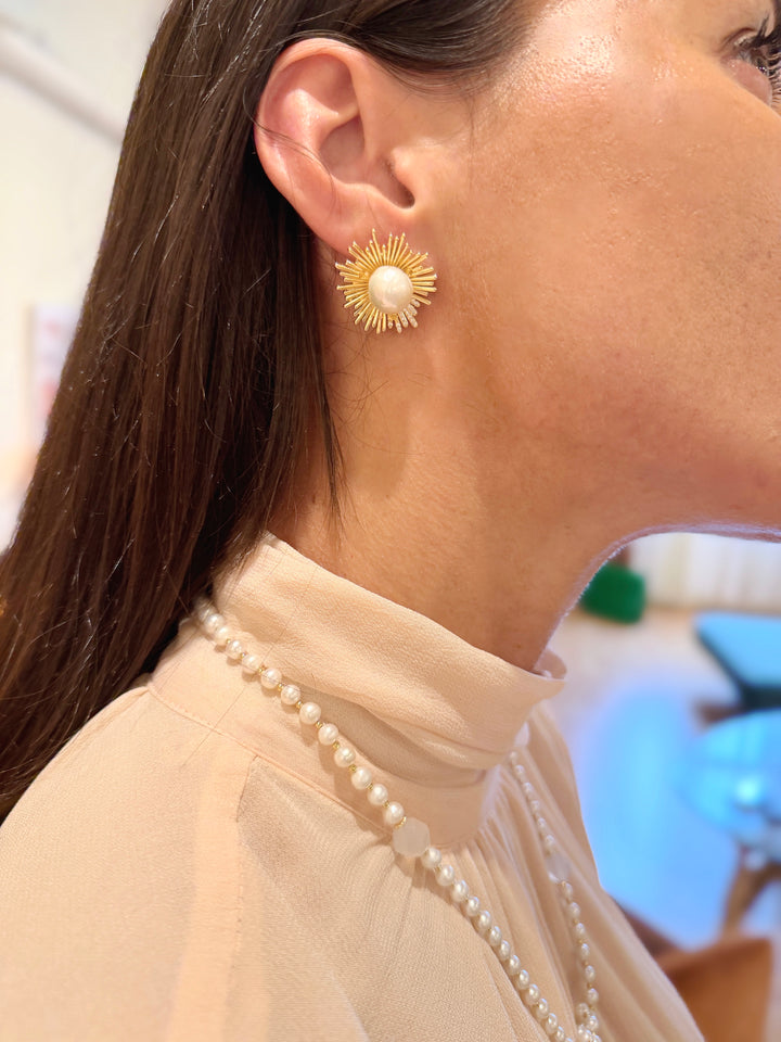 Gold-Tone Freshwater Pearl Sunburst Statement Stud Earrings SE025