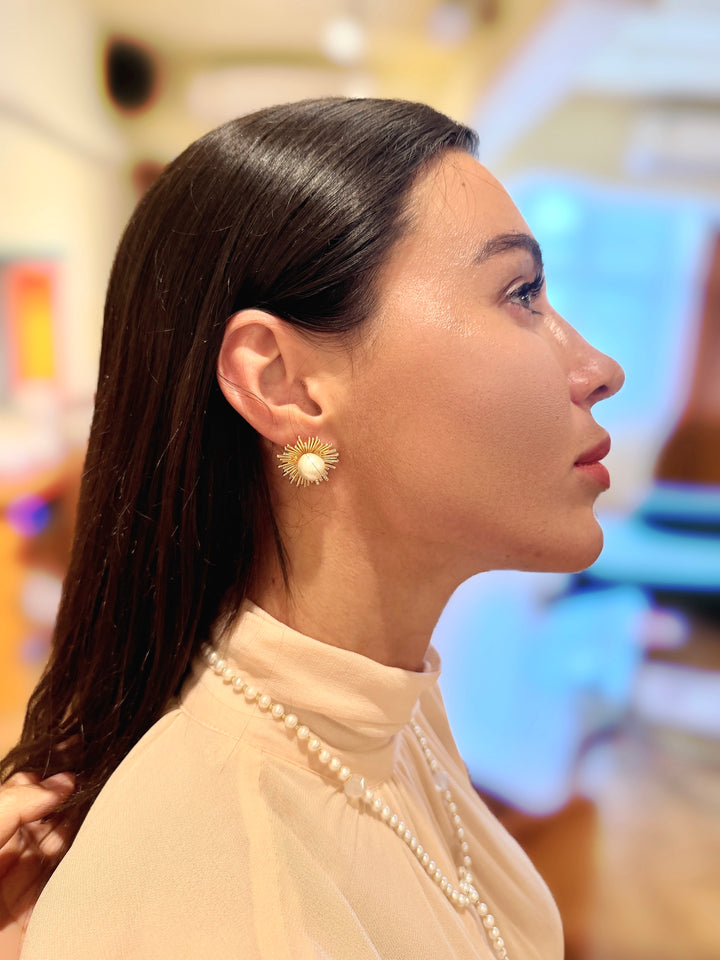 Gold-Tone Freshwater Pearl Sunburst Statement Stud Earrings SE025
