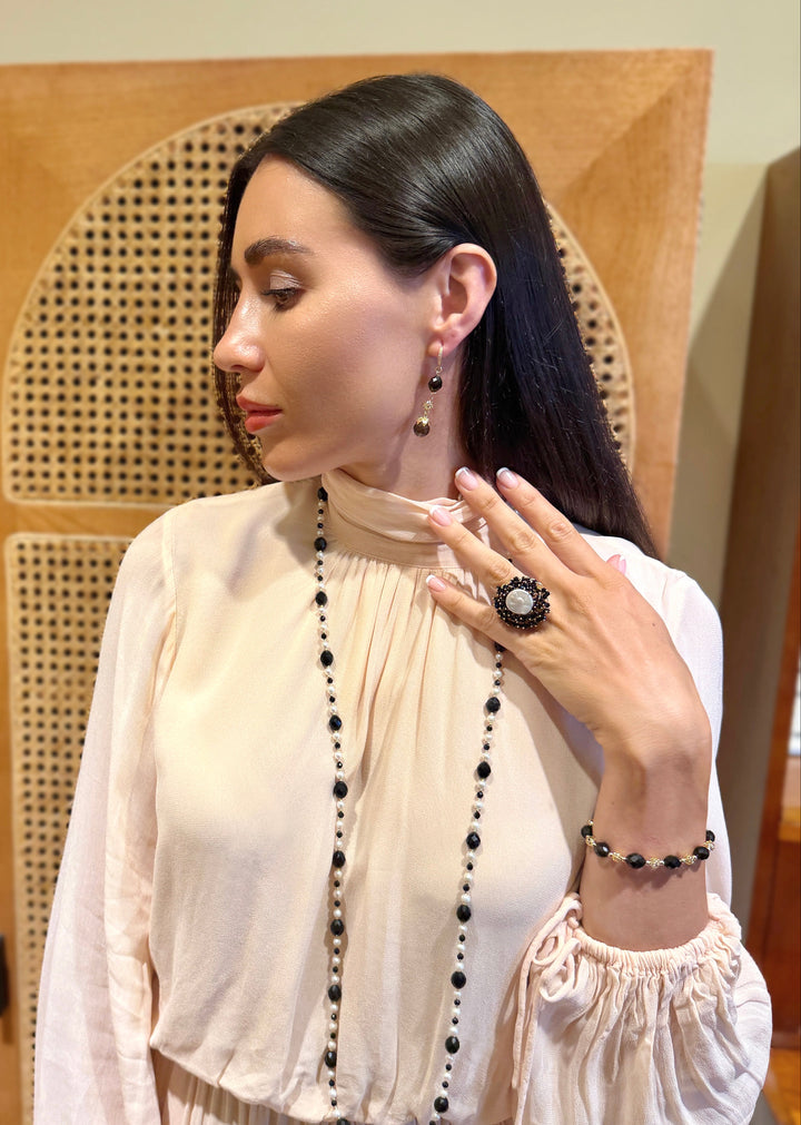 Romantic Style Freshwater Pearl With Black Obsidian Cocktail Ring SR010