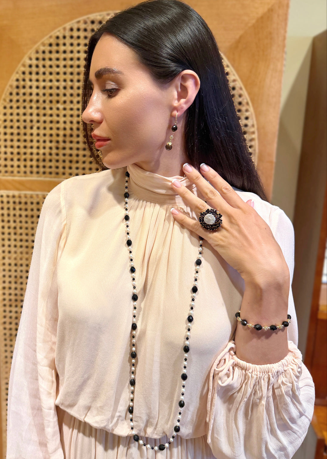 Romantic Style Oval Black Obsidian Adjustable Bracelet SB025