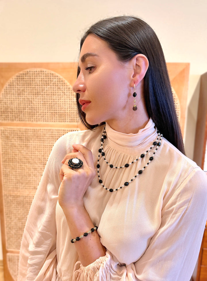 Romantic Style Freshwater Pearl With Black Obsidian Cocktail Ring SR010