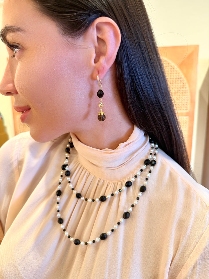 Black Obsidian With Smoky Quartz Dangle Earrings SE029