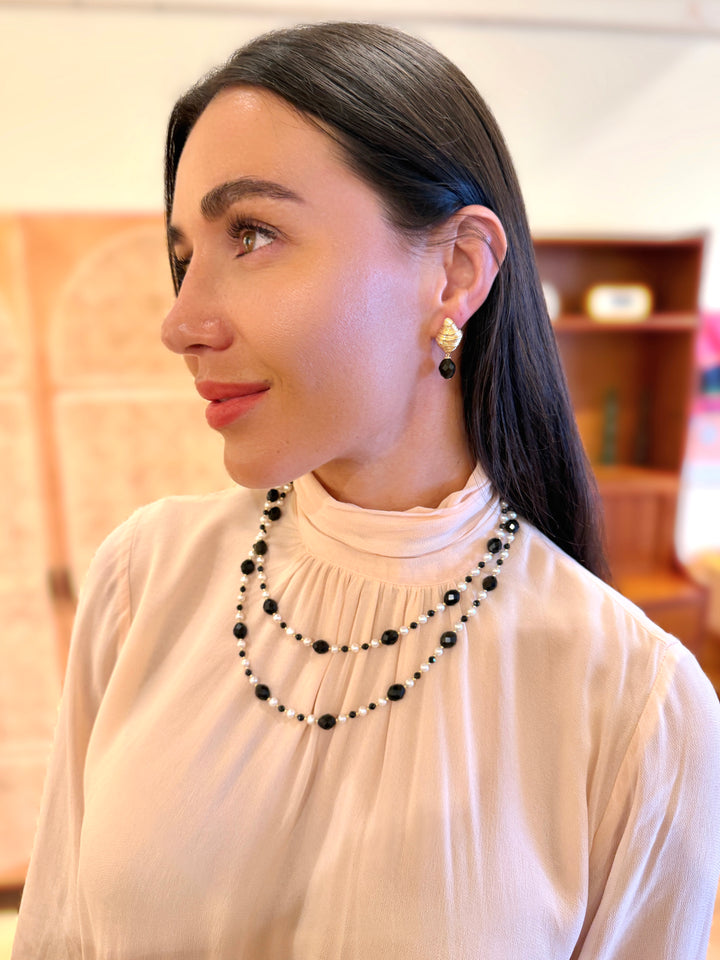 Classic Oval Black Obsidian With Gold Stud Earrings SE030