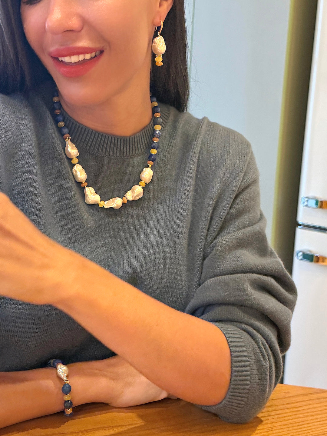 Artistic Lapis And Colorful Gemstone With Baroque Pearls Statement Necklace SN019