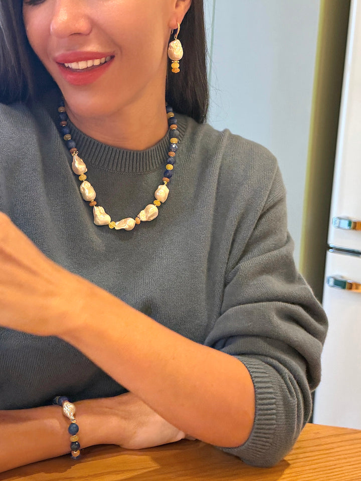 Artistic Lapis And Colorful Gemstone With Baroque Pearls Statement Necklace SN019