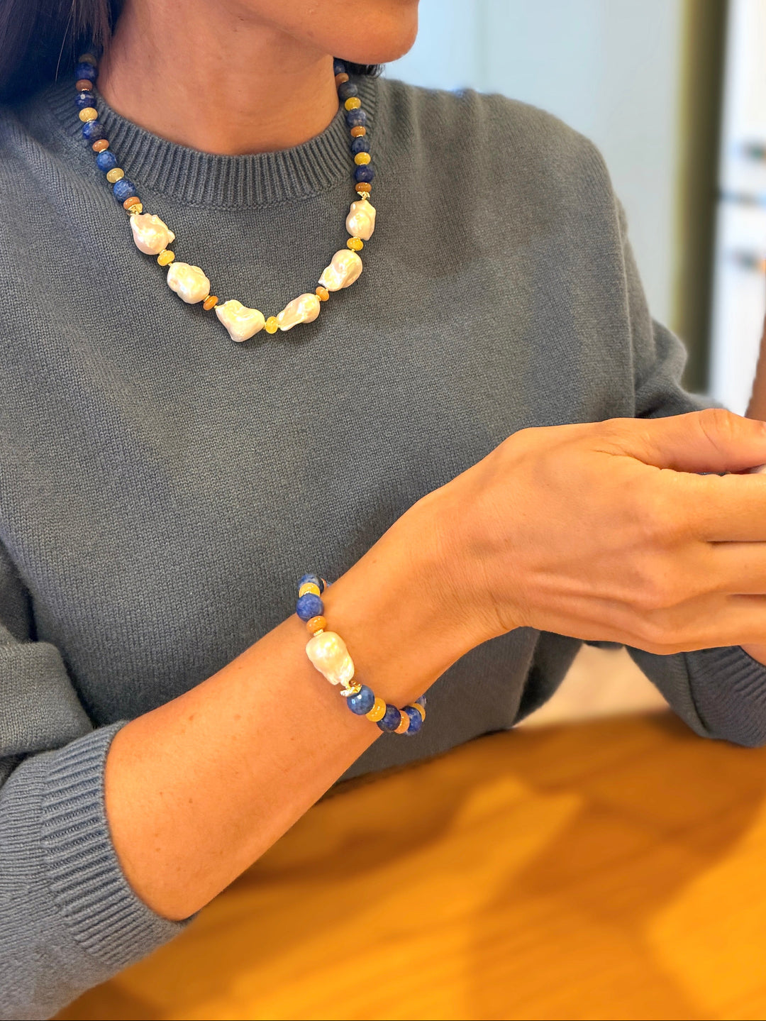 Lapis And Colorful Gemstone With Baroque Pearl Bracelet SB008