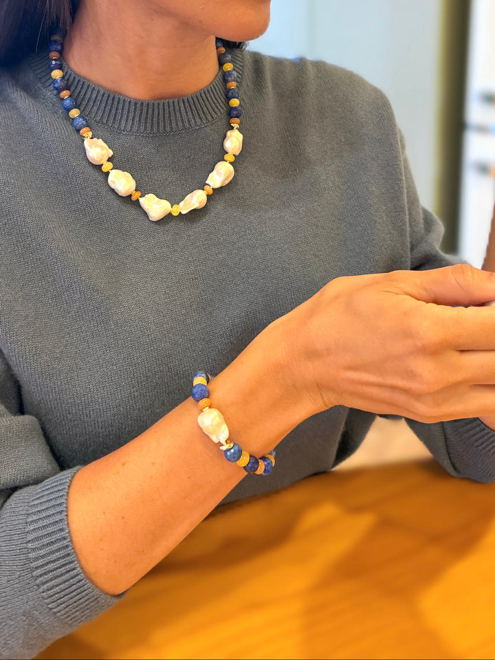 Lapis And Colorful Gemstone With Baroque Pearl Bracelet SB008