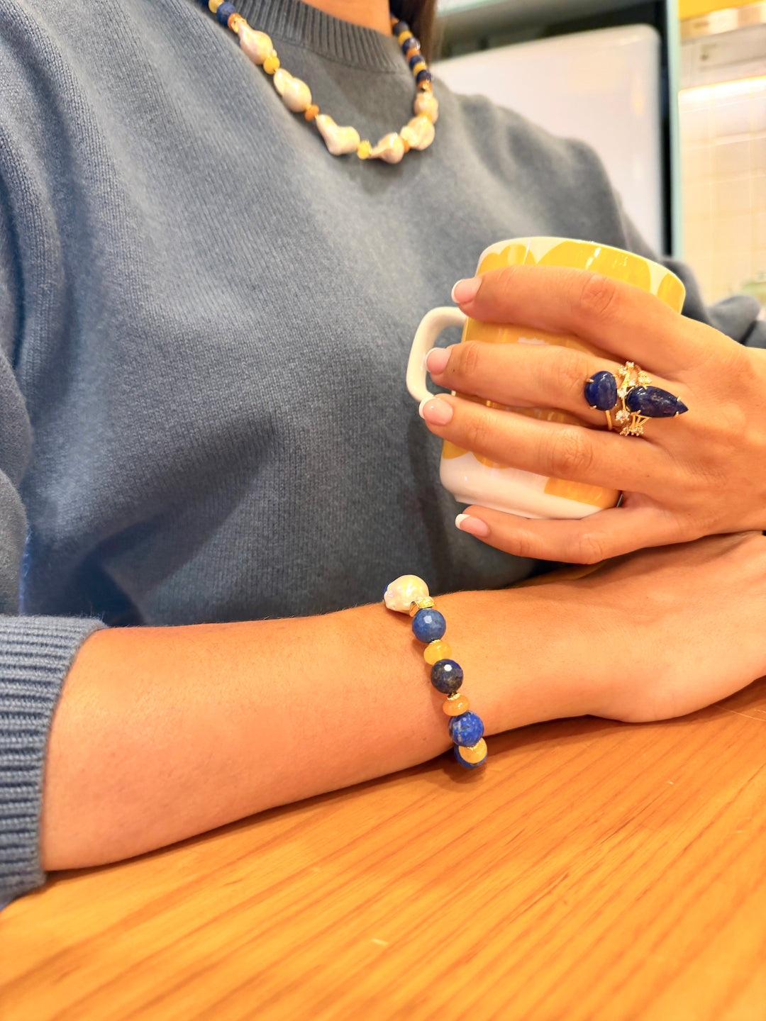 Lapis And Colorful Gemstone With Baroque Pearl Bracelet SB008