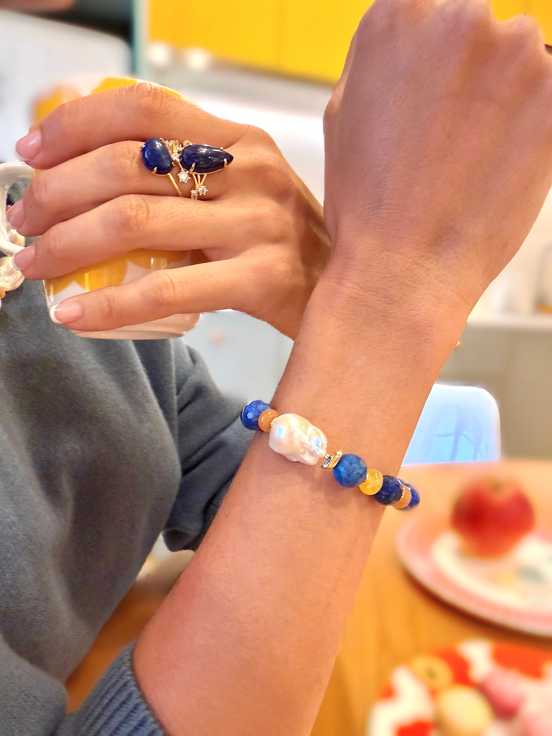 Lapis And Colorful Gemstone With Baroque Pearl Bracelet SB008