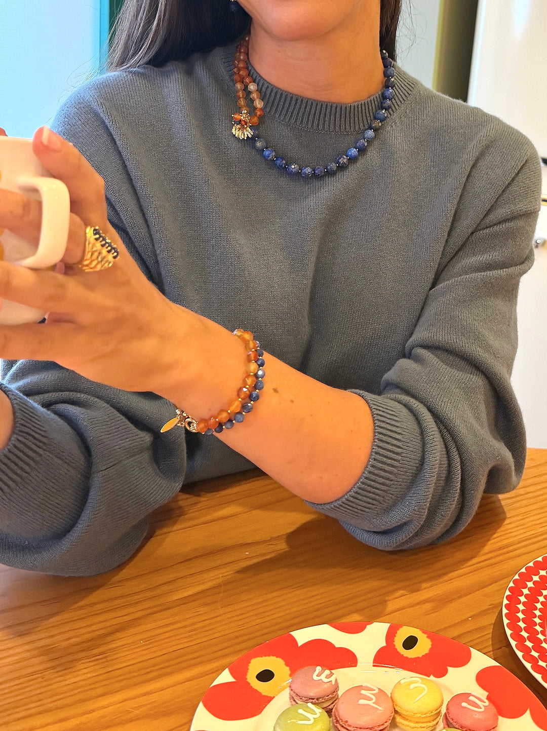 Lapis With Orange Agate Double Layers Bracelet SB010