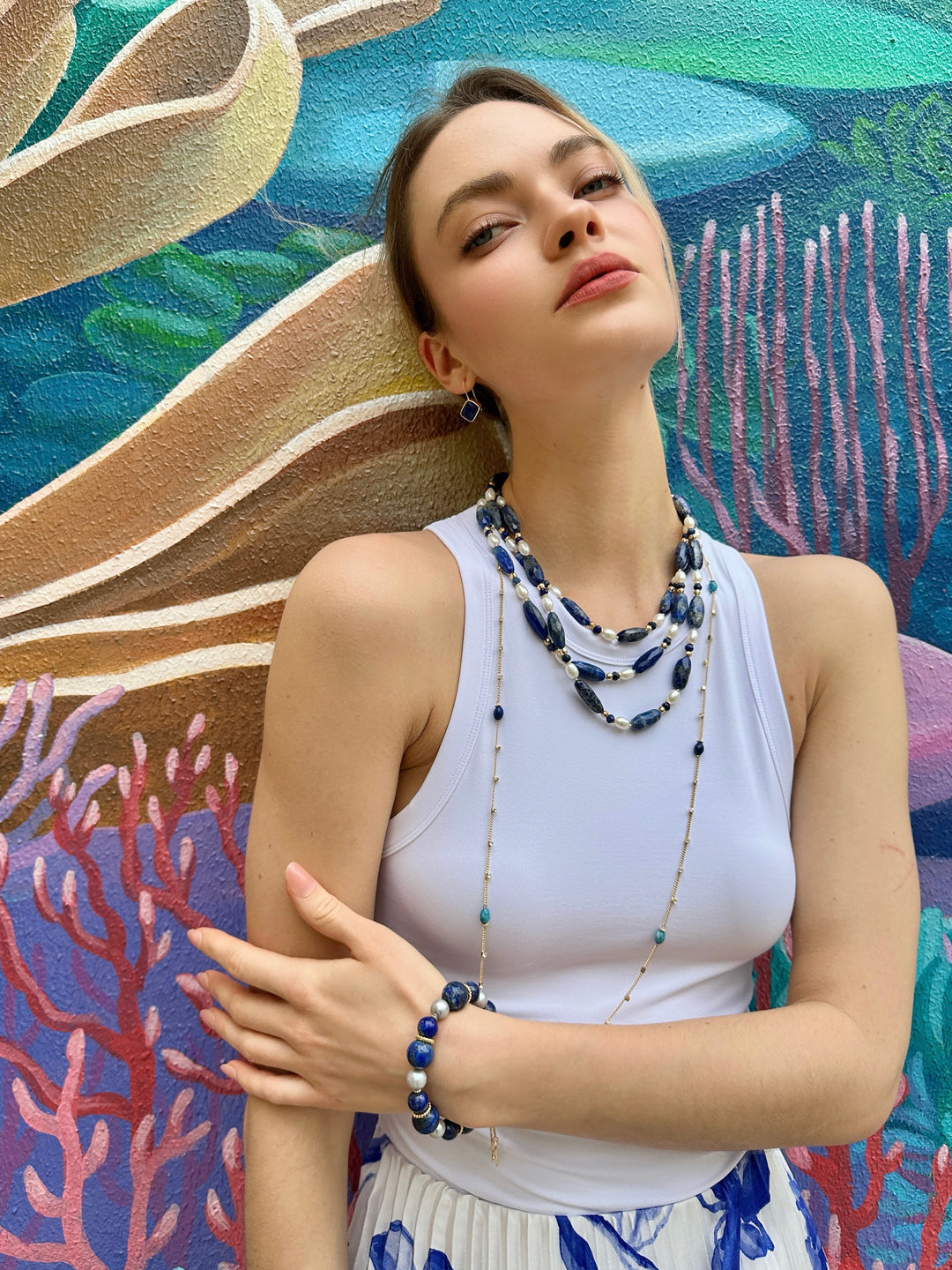 Blue Lapis with Freshwater Pearls Multi-Layers Necklace LN040 - FARRA