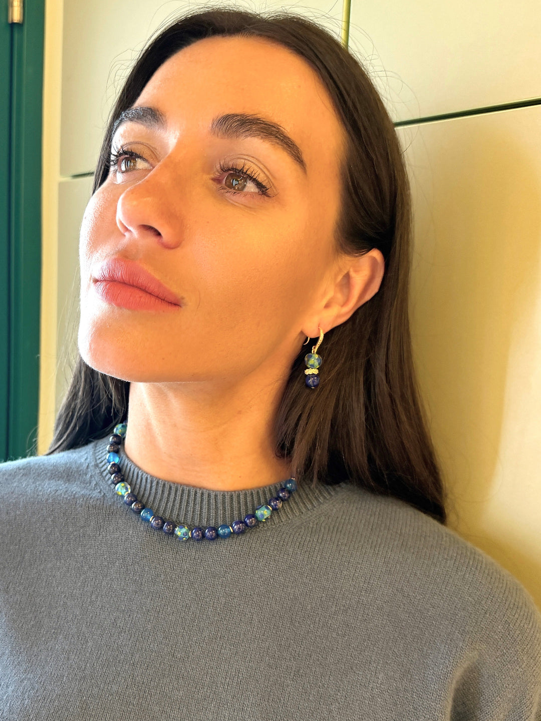 Lapis Lazuli and Colorful Glass Bead Gold Hook Drop Earrings SE010