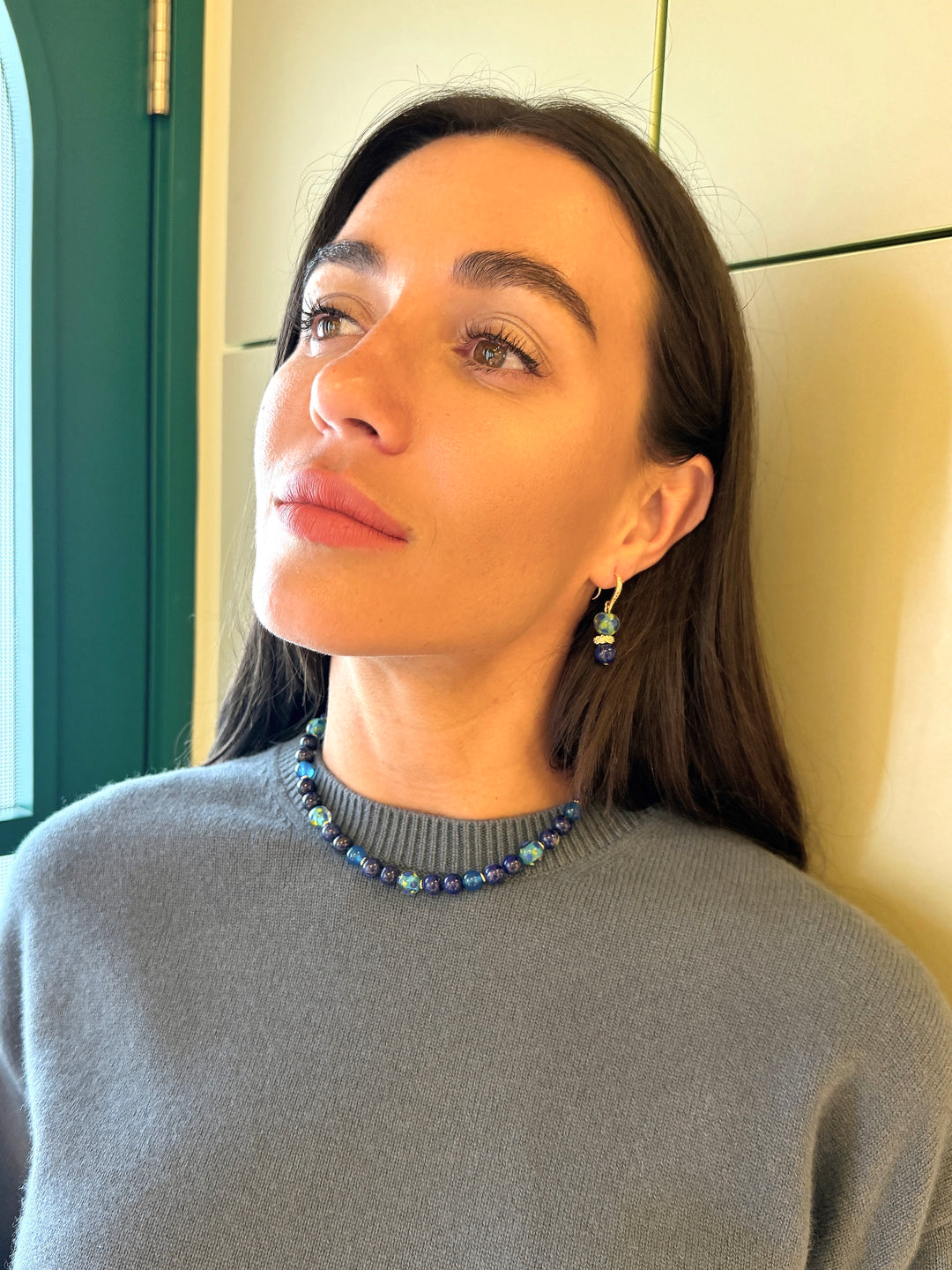 Artistic Lapis And Blue Agate Choker Necklace SN016