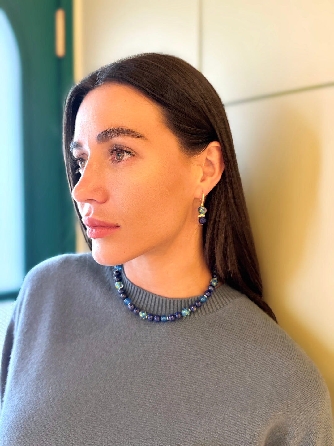 Artistic Lapis And Blue Agate Choker Necklace SN016