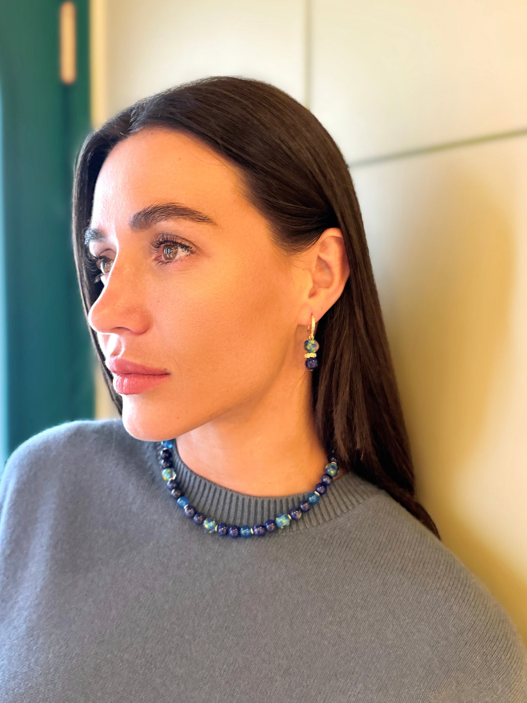 Lapis Lazuli and Colorful Glass Bead Gold Hook Drop Earrings SE010