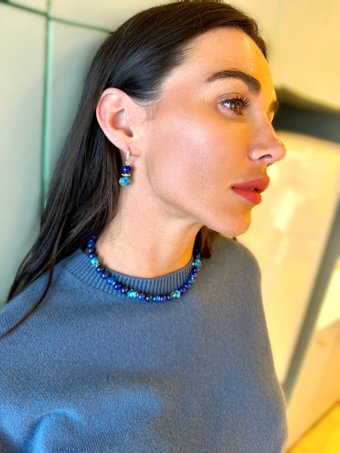 Lapis Lazuli and Colorful Glass Bead Gold Hook Drop Earrings SE010