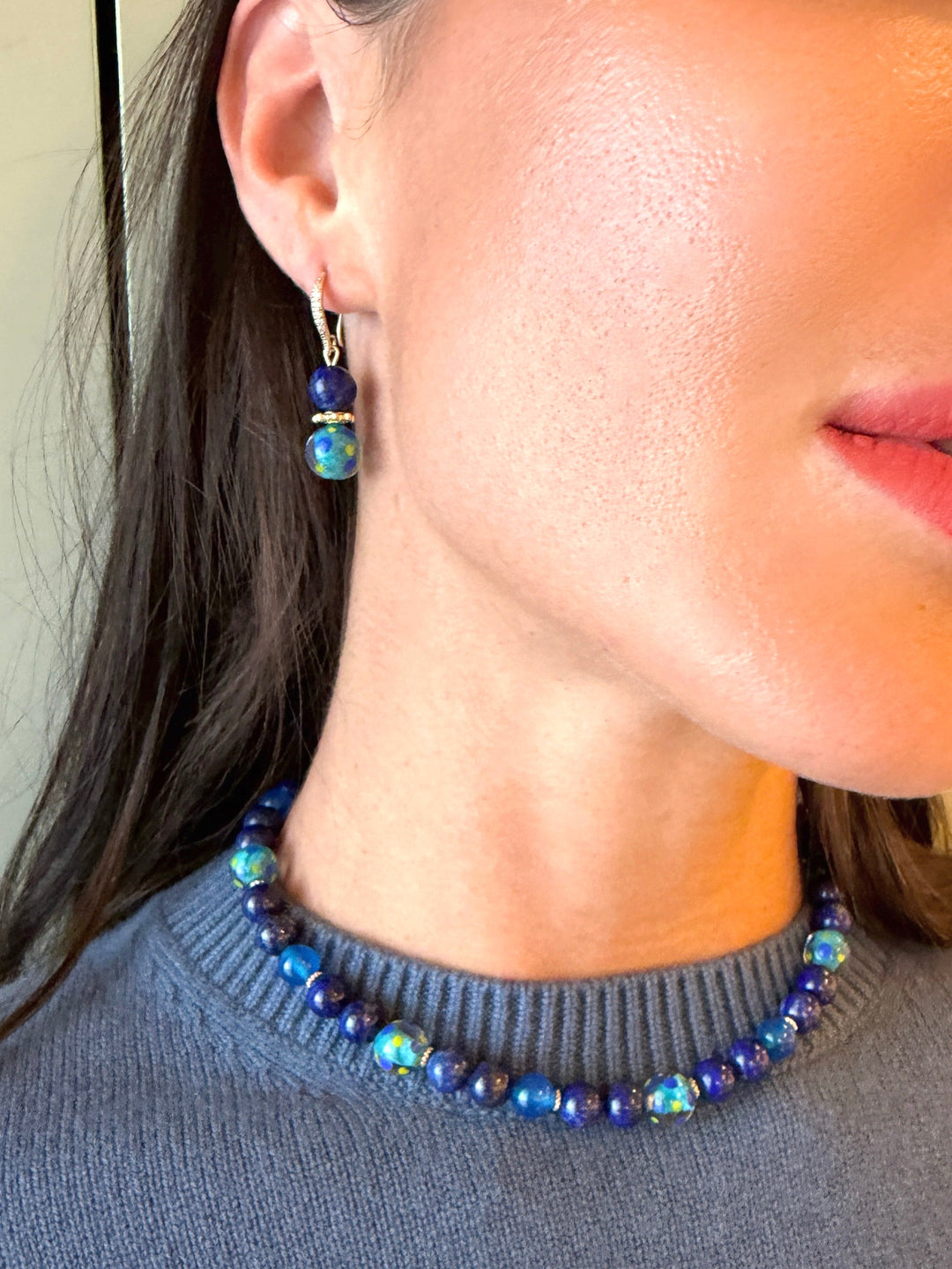 Lapis Lazuli and Colorful Glass Bead Gold Hook Drop Earrings SE010