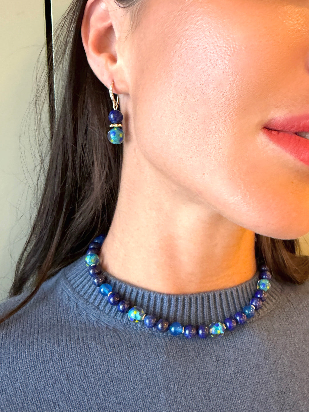 Artistic Lapis And Blue Agate Choker Necklace SN016