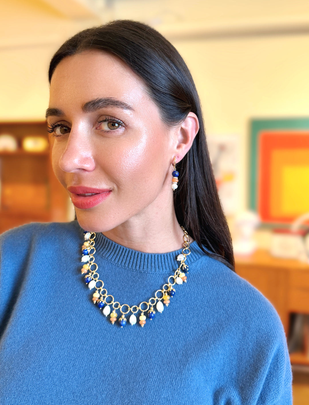 Pierced-Free Lapis Colorful Gemstone With Pearl Gold Clip-On Earrings SE011